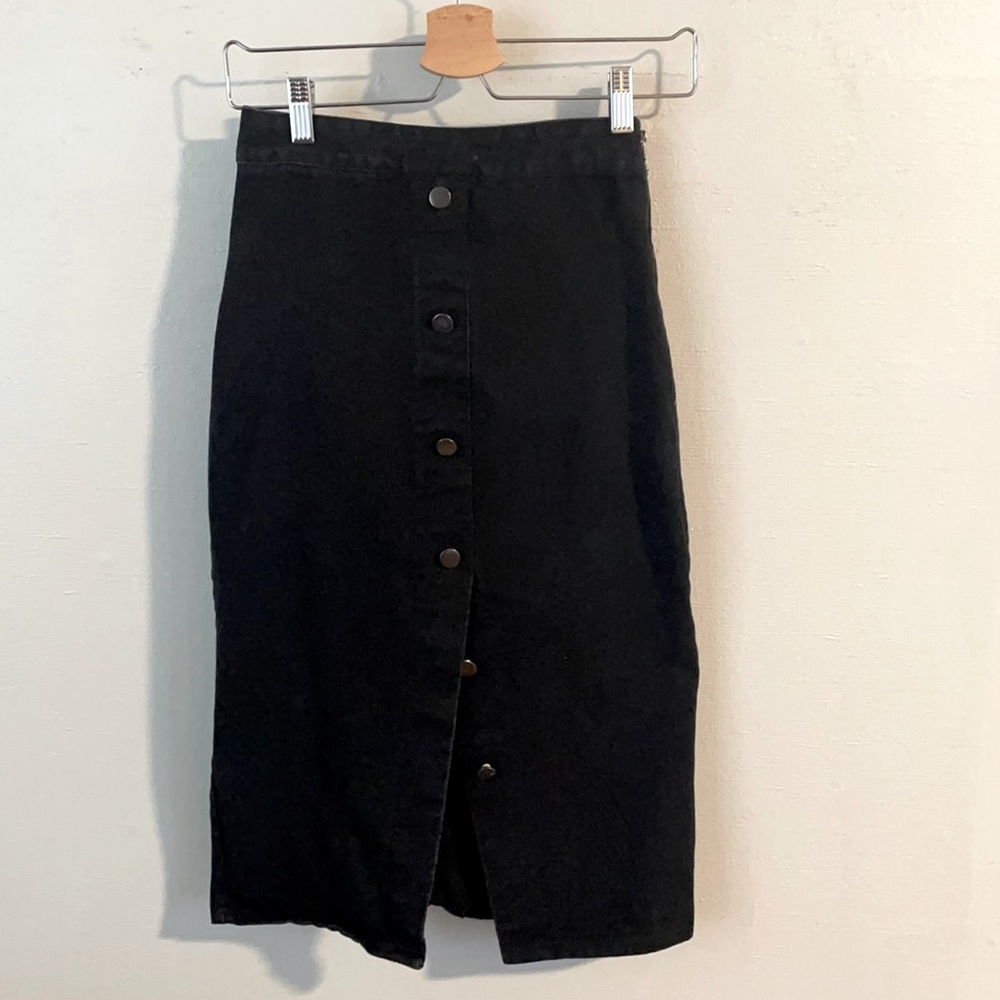 Black denim faux button skirt with side zipper